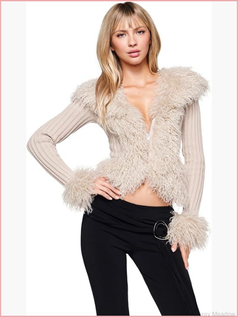 Faux Fur Trim Crop Jacket With Zip Front And Ribbed Knit Body